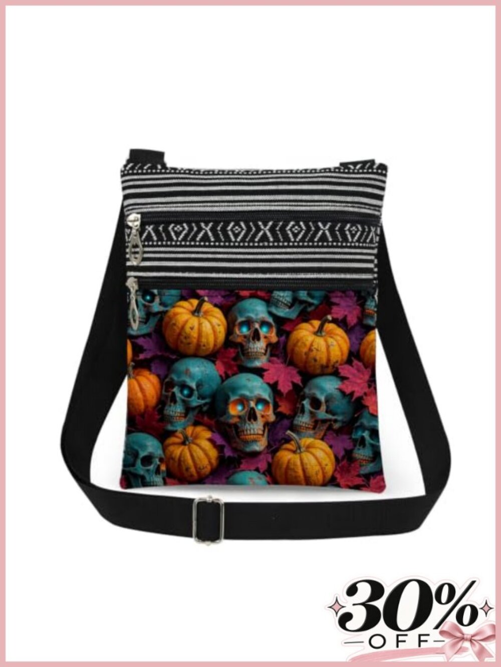 Skull Pumpkin Print Crossbody Bag Polyester Lightweight Adjustable Strap